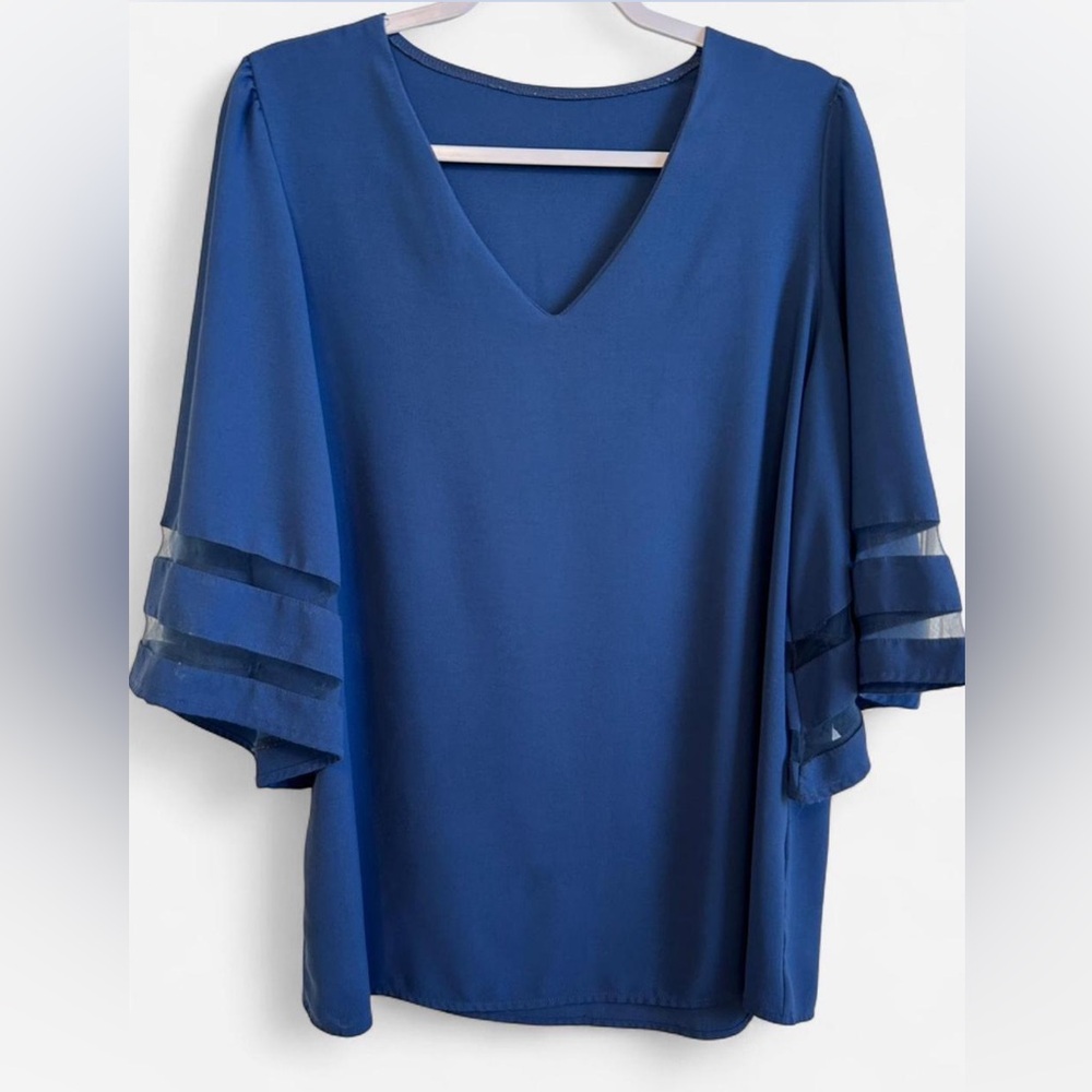 Royal Blue Bell Sleeve Blouse with Sheer Layered Detail - Size XL